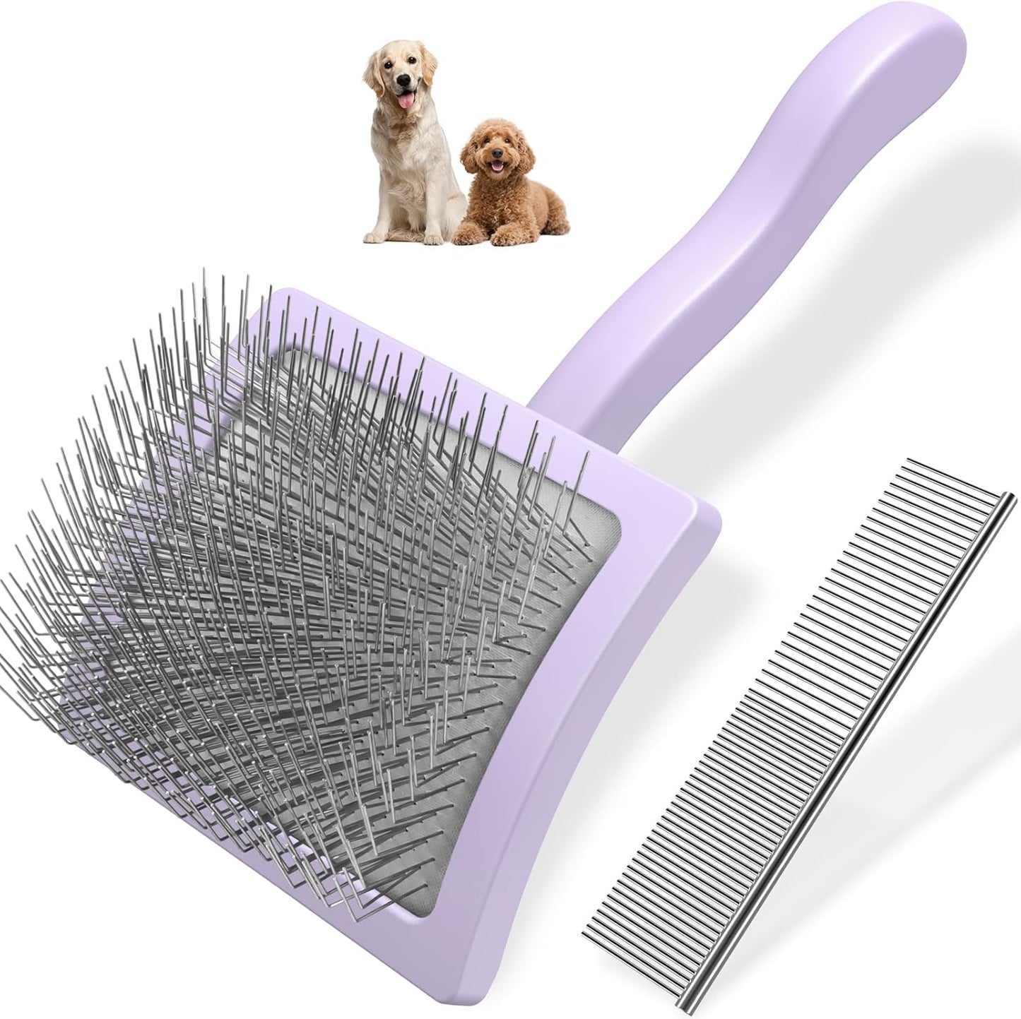 2PCS Slicker Brush for Dogs & Pet Comb,Professional Dog Grooming Brush (Goldendoodles,Poodles,Labradoodles) with Extra Long Pins to Effectively Remove Tangles, Knots and Mats (Light Purple Large)