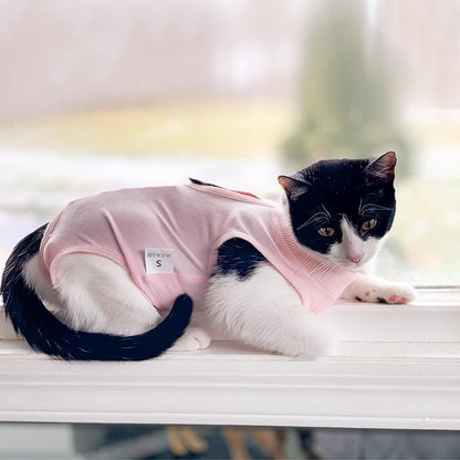 Cat Recovery Suit for Male and Female Surgical Post Surgery Soft Cone Onesie Shirt Clothes Neuter Licking Protective Diapers Outfit Cover Kitten Spay Collar(L, Pink)