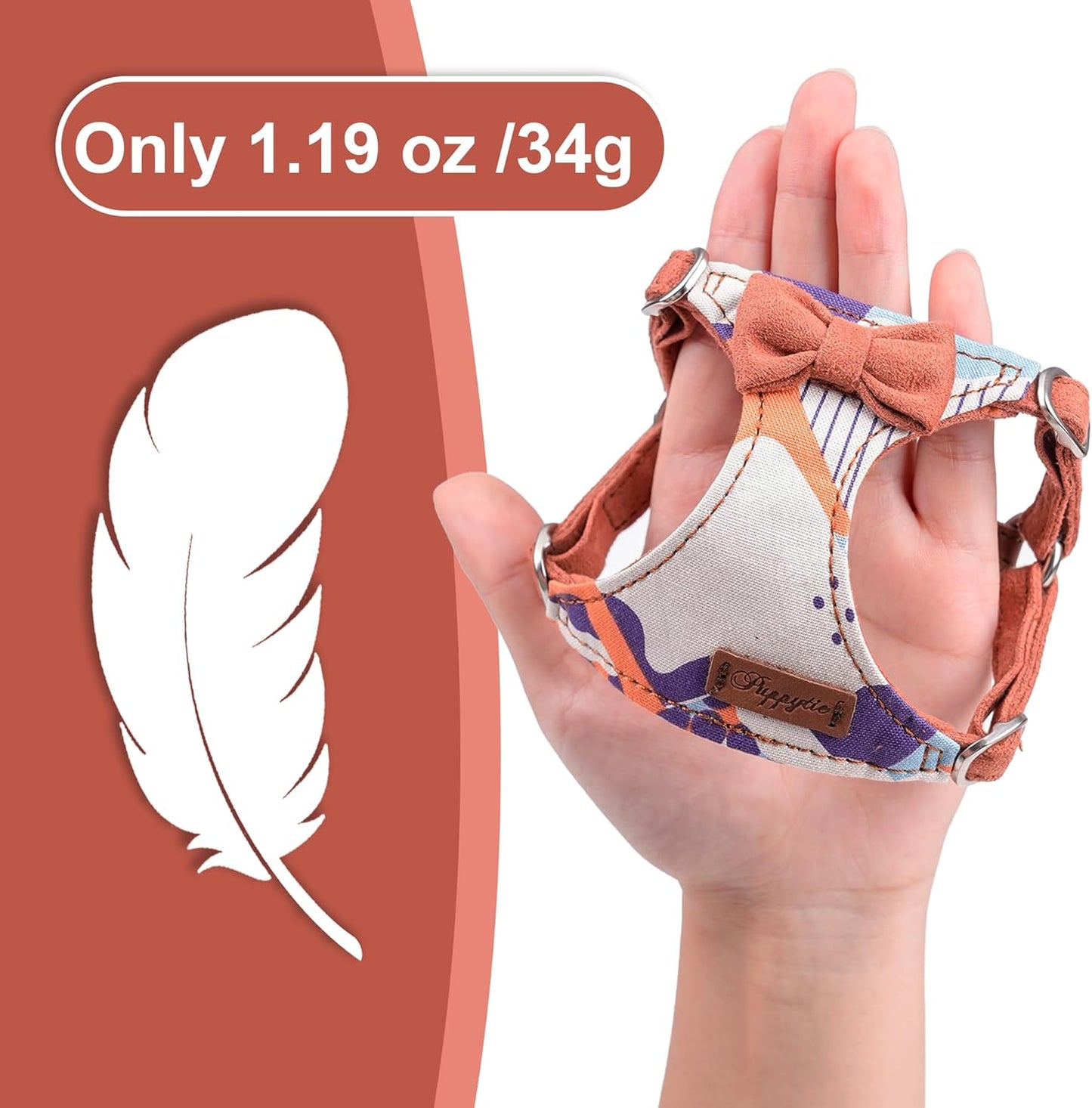 Puppytie No Pull xs Dog Harness with Multifunction Dog Leash,Soft Adjustable No Choke Escape Proof Pet Harness Vest,Suede Bow Brown,XS