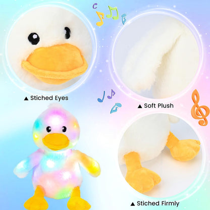 Hopearl LED Musical Stuffed Duck Lighting Up Singing Duckling Plush Toy Adjustable Volume Lullaby Animated Soothe Birthday Gifts for Kids Toddler Girls, White, 11''