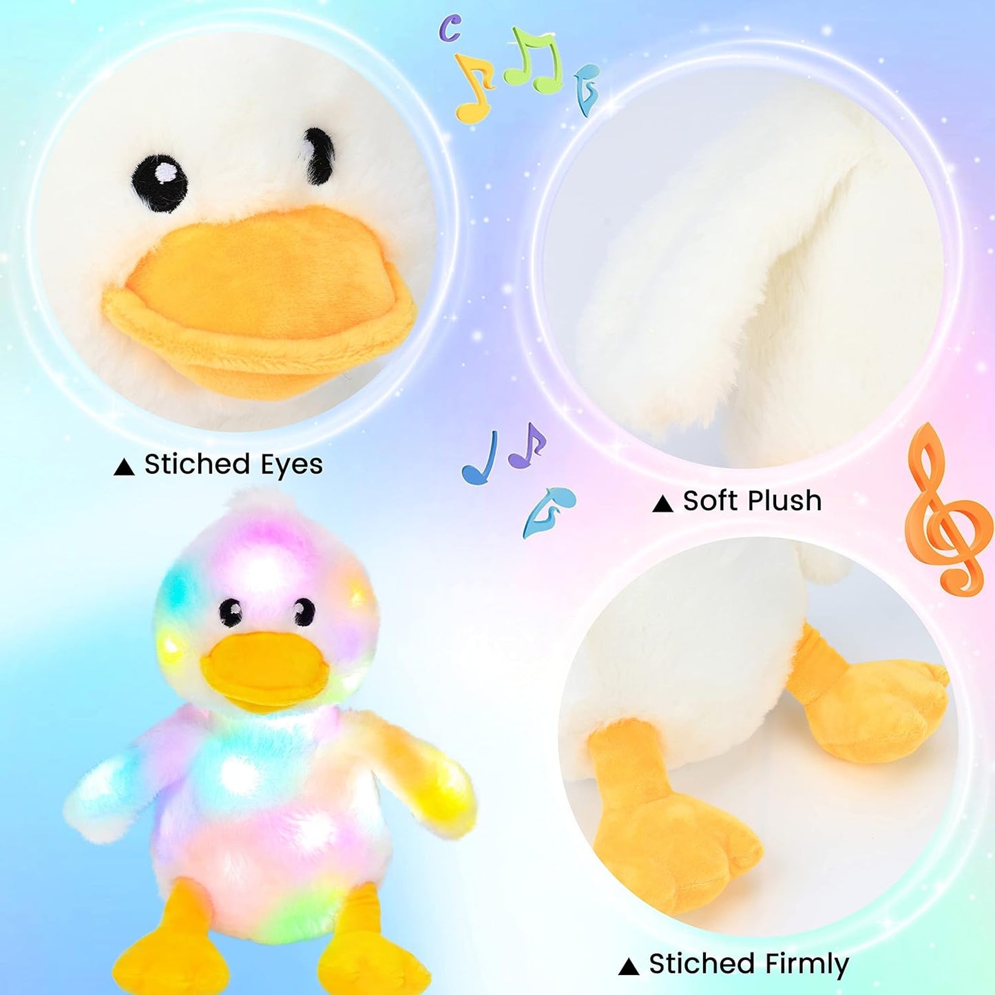 Hopearl LED Musical Stuffed Duck Light up Singing Duckling Plush Toy Adjustable Volume Lullaby Animated Soothe Birthday Gifts for Kids Toddler Girls, White, 11''