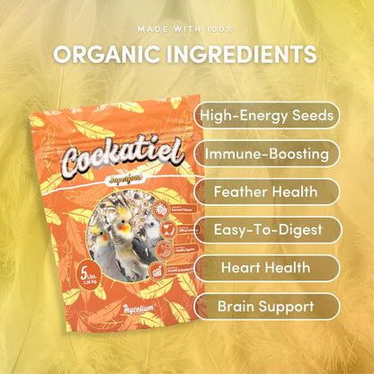 Mycelium Organic Cockatiel Superfood Bird Seed (5 LBS) | Premium Bird Food for Cockatiels & Small Parrots | Supports Immunity, Digestion & Development | Non-GMO, No Fillers, Made in USA