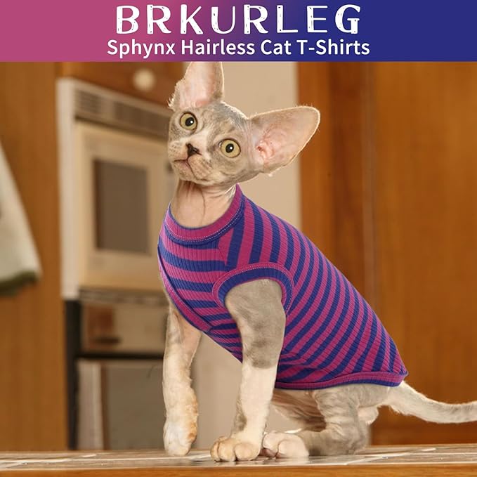 BRKURLEG Sphynx Hairless Cats Shirt Puppy Clothes Soft Cotton T-Shirts Cute Cats Pajamas Cat Stripes Vest Pet Sweater, Round Collar Vest Kitten Shirts(PinkBlue Stripes, L)