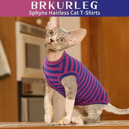 BRKURLEG Sphynx Hairless Cats Shirt Puppy Clothes Soft Cotton T-Shirts Cute Cats Pajamas Cat Stripes Vest Pet Sweater, Round Collar Vest Kitten Shirts(PinkBlue Stripes, M)