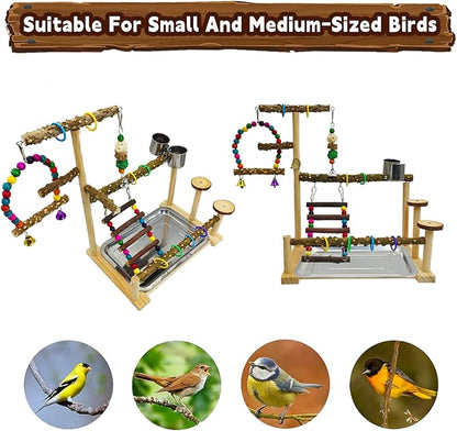kathson Parrot Play Stand Parakeet Playground Bird Jungle Gym Wood Conure Playstand Hanging Chewing Toys with Swings and Feeder Cups Bird Cage Accessories for Cockatiel Lovebirds Budgie