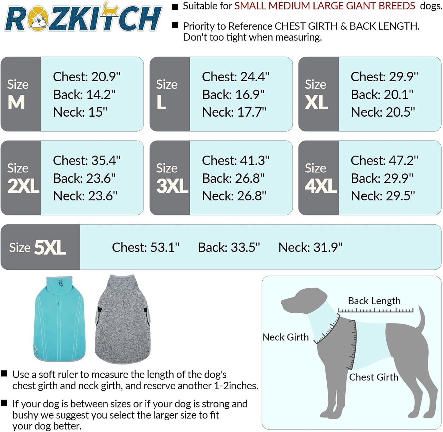 ROZKITCH Reversible Large Dog Coats for Winter Super Warm Fleece Sherpa Sweater with Embroidery, Adjustable Double-Sided Plush Sweatshirt for Large Breeds Bluegreen 3XL