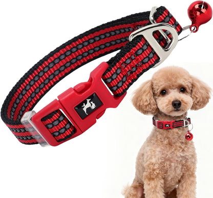 Small Dog Collar with Bell - Cute Reflective Puppy Collar Gift for Girl, Adjustable Nylon Collar for Chihuahua Pomeranian Nighttime Safety (Red S)