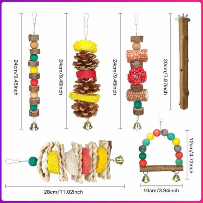 Natural Wood Bird Chew Toys, 7 Pack Hanging Parrot Cage Perch Stand for Parakeet, Cockatiel, Lovebird, Budgie