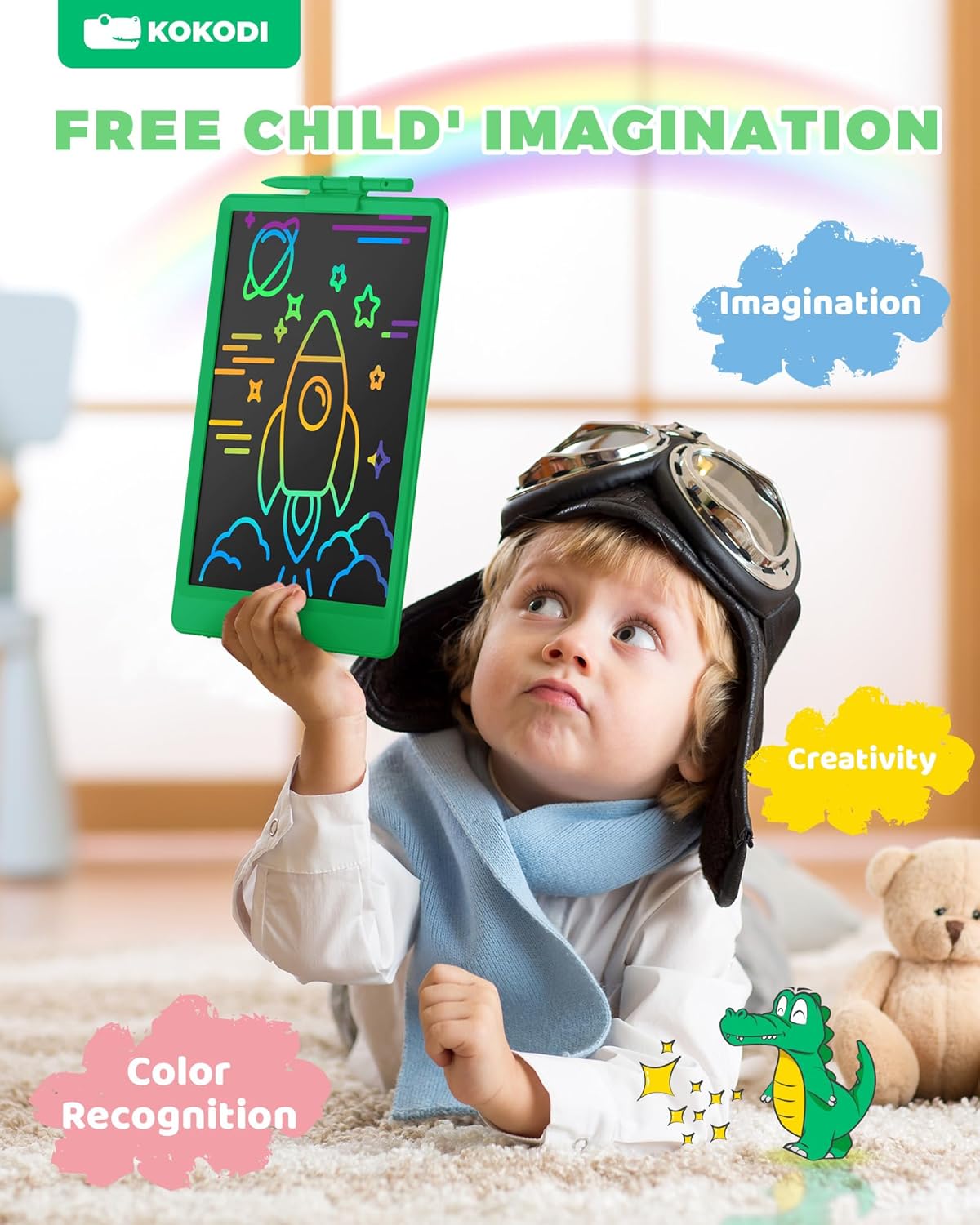 KOKODI LCD Writing Tablet, 10 Inch Colorful Toddler Doodle Board Drawing Tablet, Erasable Reusable Electronic Drawing Pads, Educational and Learning Toy for 3-6 Years Old Boy and Girls(Green)