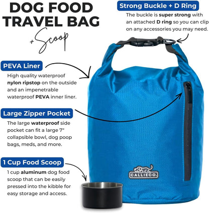 Callieco Dog Food Travel Bag w/ 1 Cup Scoop and Zipper Side Pocket | Waterproof Kibble Storage Container for Home, Road Trips, Camping, Boarding and More (Blue, 64 Cups)