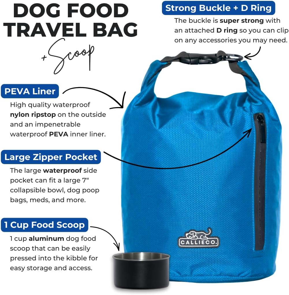 Callieco Dog Food Travel Bag w/ 1 Cup Scoop and Zipper Side Pocket | Waterproof Kibble Storage Container for Home, Road Trips, Camping, Boarding and More (Blue, 32 Cups)