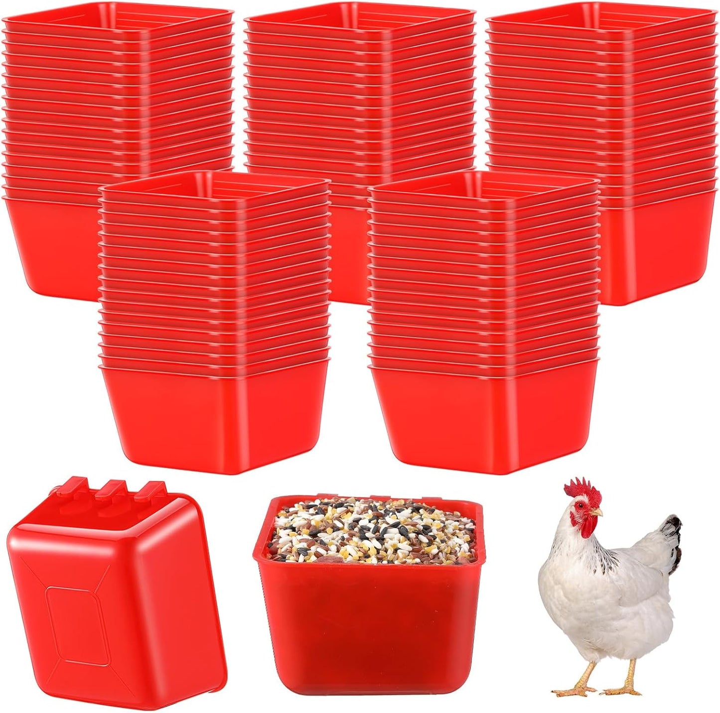 Maxdot 50 Pcs Cage Cups Chicken Feeder Cups 16 oz Hanging Bird Food Water Bowl Bunny Cage Feeding Dish for Pet Parrot Rooster Parakeet Gamefowl Poultry Pigeon(Red)