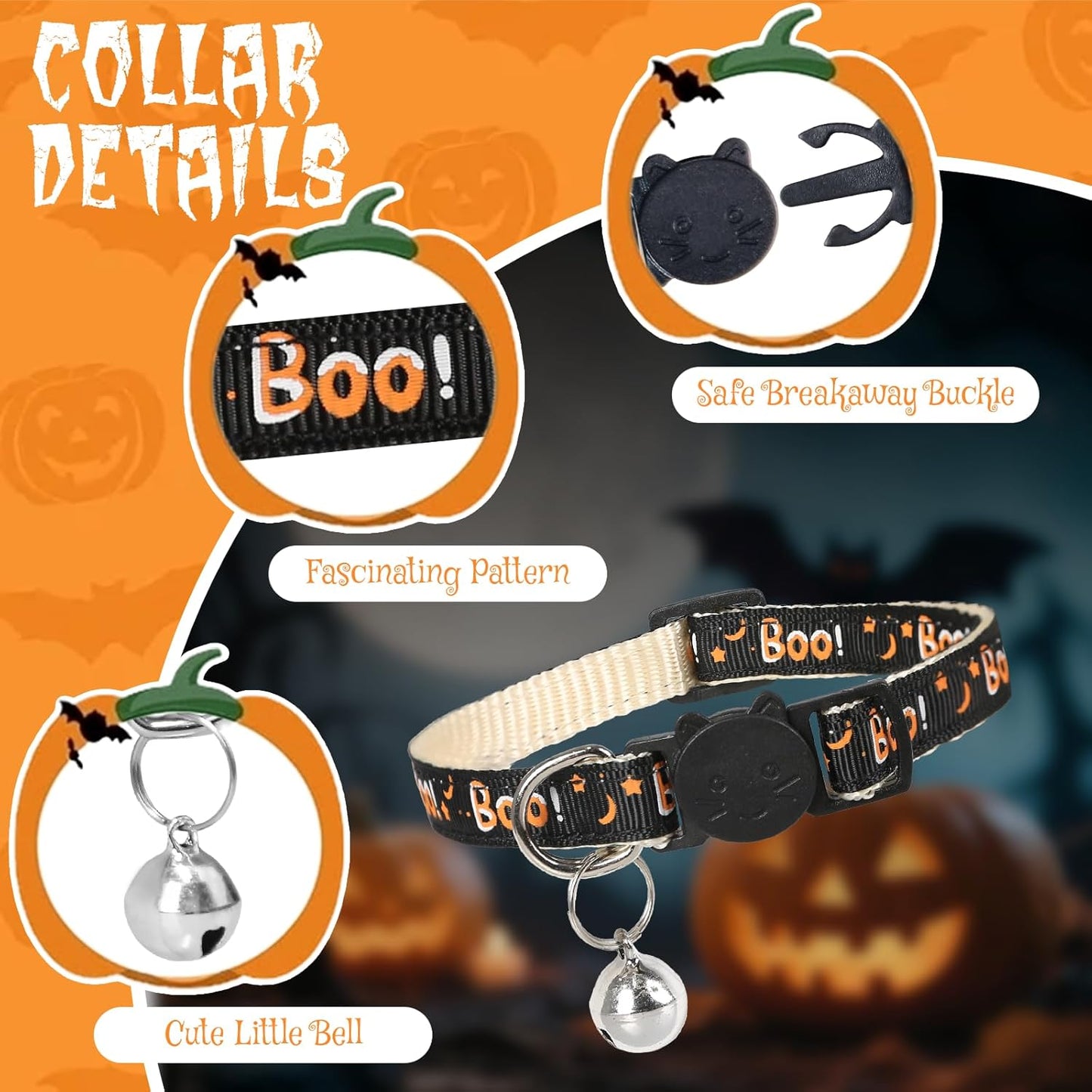 Halloween Cat Collar with Bell, Adjustable Comfortable Kitten Halloween Collar Breakaway, Boo! Patterns Safety Holiday Cat Collars for Boys Girls,Kitten,Puppy Black (7.5"-12.5")