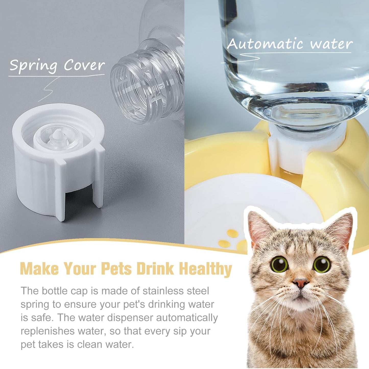 Dog Bowls, Cat Food and Water Bowl Set with Water Dispenser and Stainless Steel Bowl for Cats and Small Dogs - Yellow