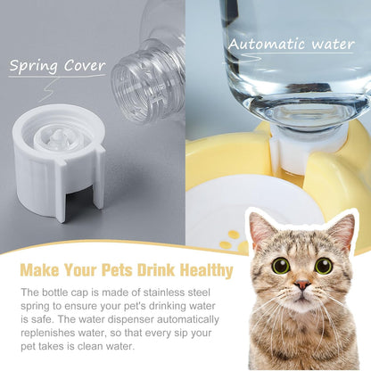 Dog Bowls, Cat Food and Water Bowl Set with Water Dispenser and Stainless Steel Bowl for Cats and Small Dogs - Yellow