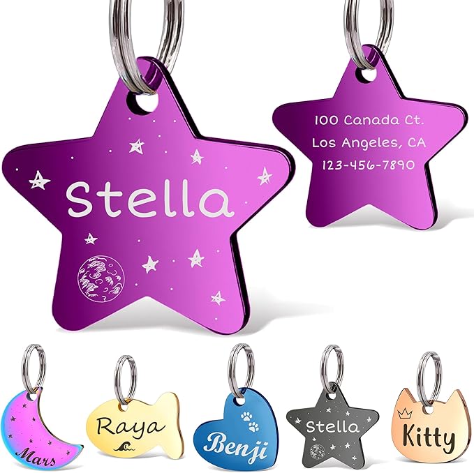 Anavia Small Size Dog Cat ID Tags, Small/XS Personalized Color Plated Stainless Steel Puppy Kitten Name Tags, Customized Engraved Nameplate Pet Collar Tag (Purple, Star)
