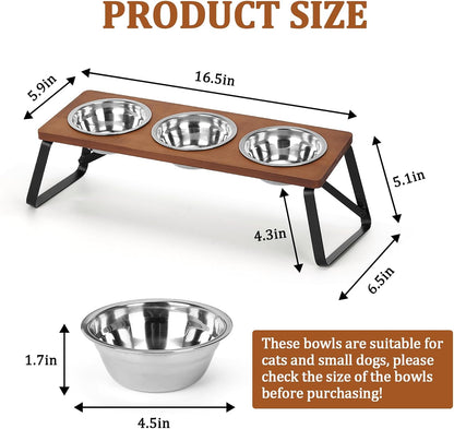 Foldable Raised Cat Bowls Holder 3 Stainless Steel Dog Cat Feeder 12 °Tilt Elevated Pet Water Food Bowls for Cats Puppies Rabbits