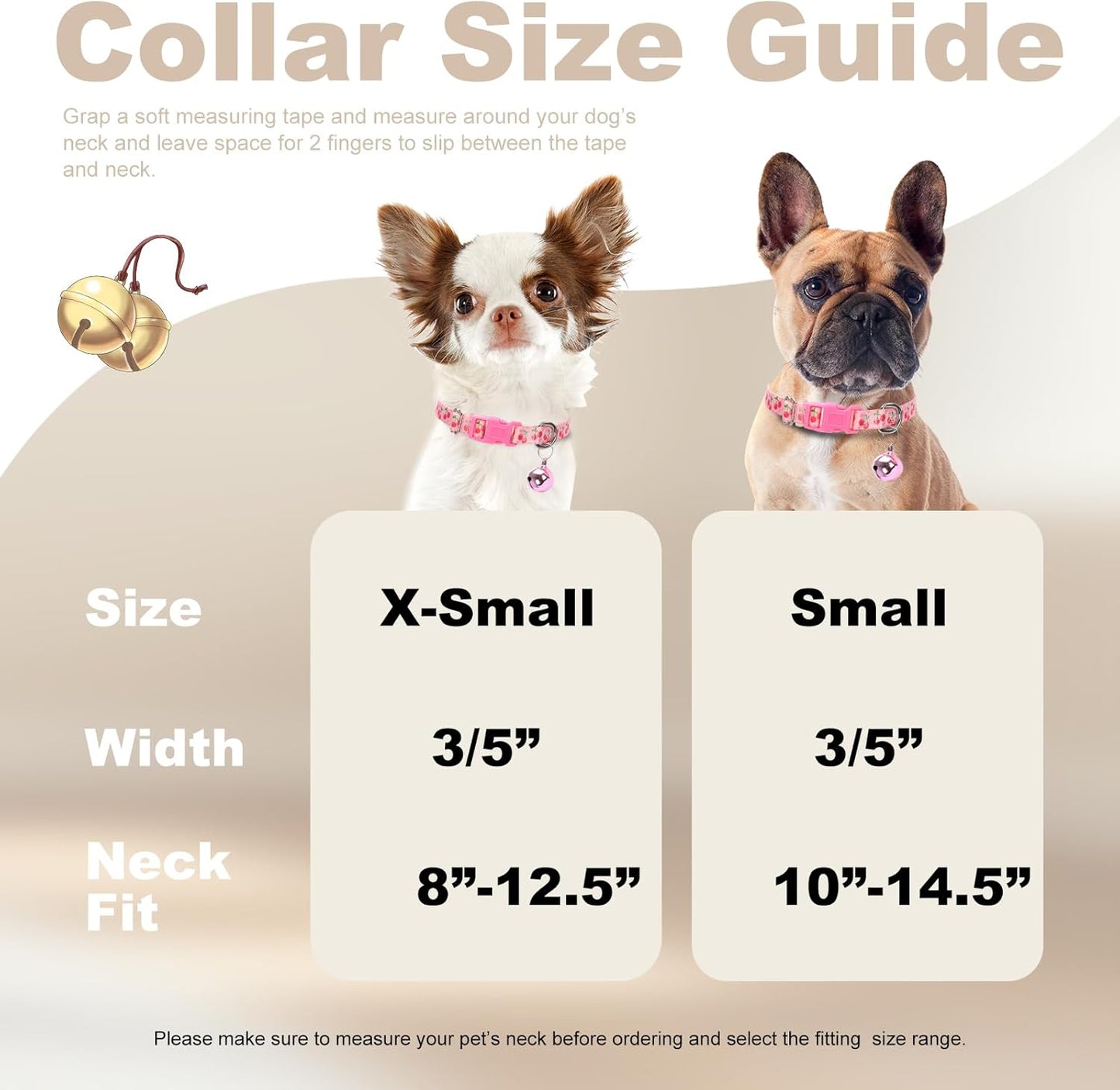 XS Dog Collar with Bell - Durable Nylon Collar for Small Breeds, Adjustable Cute Fruit Pattern Collar for Chihuahua Pomeranian Yorkie, Heavy-Duty for Active Puppies（Cherry XS）