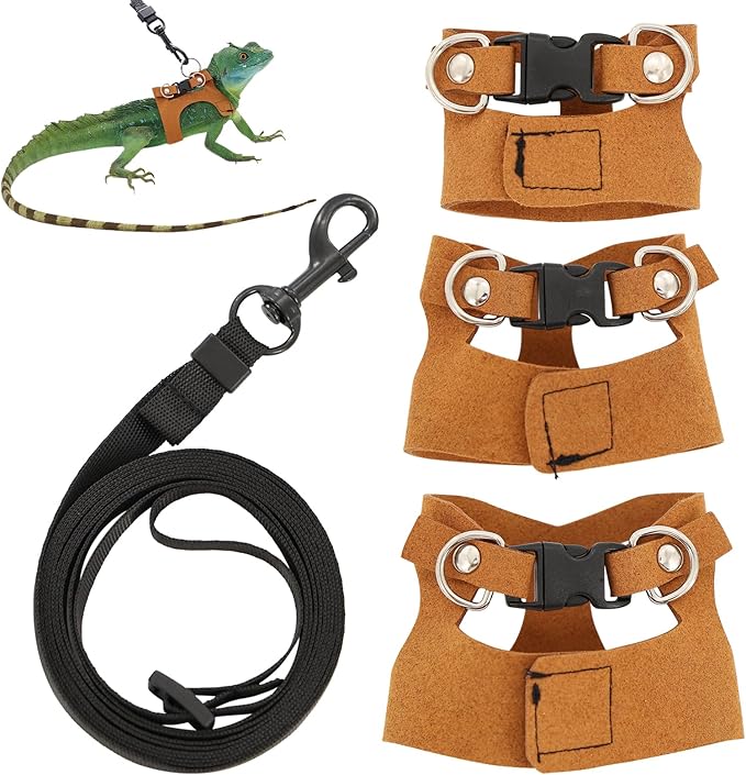 3 Pcs Bearded Dragon Harness and Leash Set Adjustable Leash Soft Leather Bearded Dragon Harness Lizard Accessory for Squirrels and Other Small Reptiles(Brown, 3 Sizes)
