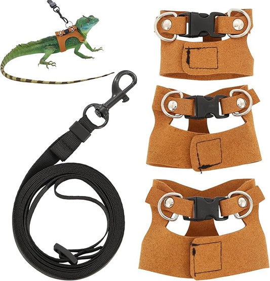 3 Pcs Bearded Dragon Harness and Leash Set Adjustable Leash Soft Leather Bearded Dragon Harness Lizard Accessory for Squirrels and Other Small Reptiles(Brown, 3 Sizes)