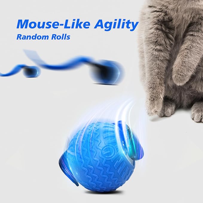 Interactive Cat Toy for Indoor Cats, Speedy Ball with Tail, Automatic Moving Cat Balls for Bored Indoor Adult Cats, 360°Automatic Rolling Ball Toy, Two Speed Adjustment（Blue）
