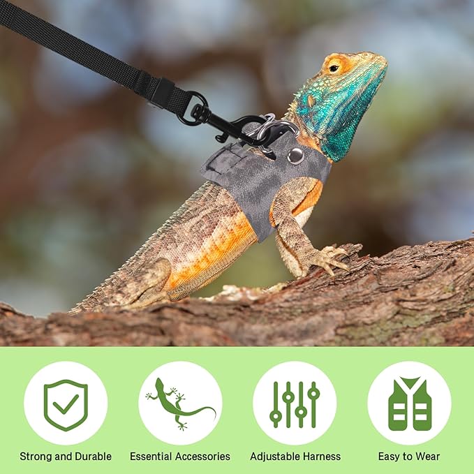 Bearded Dragon Lizard Leash Harness 3 Size Pack Leopard Print Lizard Harness Leash for Outdoor Small Reptiles Animal Squirrels (Grey)