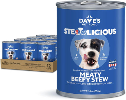 Dave's Pet Food Stewlicious Soft Dog Food Wet (Meaty Beef Stew), Made in USA Canned Topper, Gluten Free, Small to Large Breeds 13.2 oz (12 Pack)