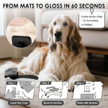 Large Dog Slicker Brush & Comb Set with Leather Sleeves - Long Pin Deshedding Brush for Golden Retrievers, Poodles, Doodles & Thick Coats, Wood Handle Pet Grooming Kit for Dogs, Cats. Black