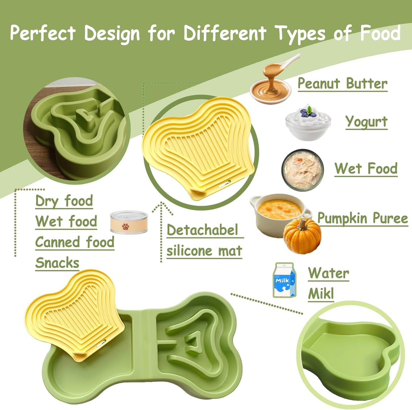 Bone Slow Feeder Bowl for Dogs Cats - 2-in-1 Lick Mat & Water Dish with 6 Non-Slip Pads, Food-Grade PP & Silicone Pet Bowl for Anti-Choking，Fun Feeding，Anxiety Relief (Green)