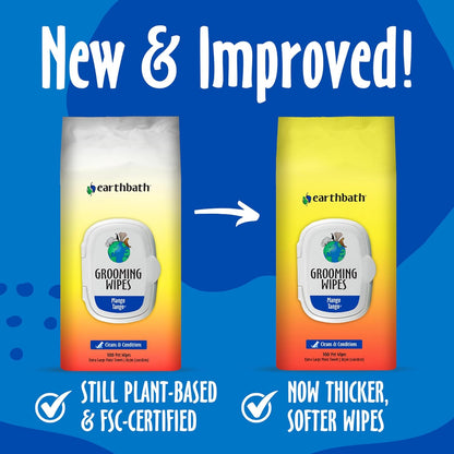 earthbath, Mango Tango Grooming Wipes - Dog Wipes for Paws and Butt, Best Pet Wipes for Dogs & Cats, Made in USA, Cruelty-Free Dog Cleaning Wipes, Removes Dirt & Dander - 100 Count (2 Pack)