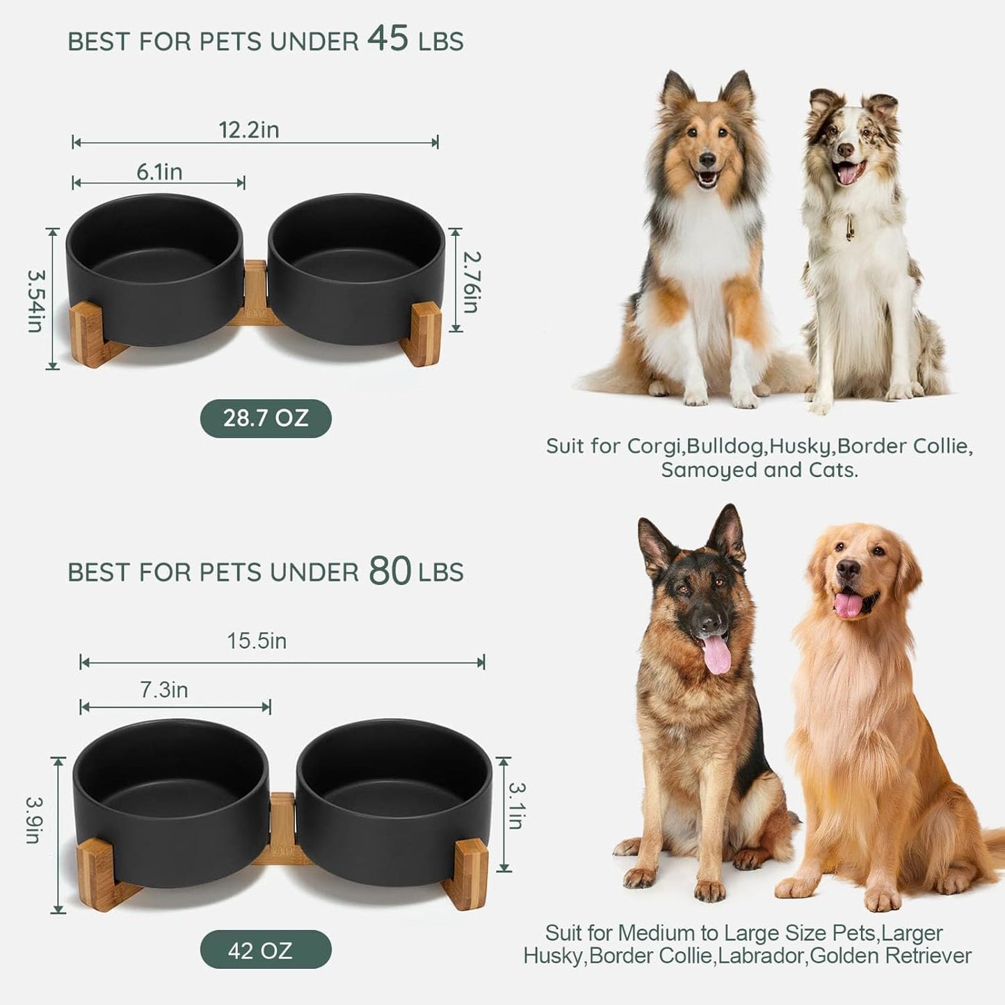 SPUNKYJUNKY Ceramic Dog and Cat Bowl Set with Wooden Stand, Modern Cute Weighted Food Water Bowl Set for Medium to Large Size Dogs (42 OZ, 2 × Black)