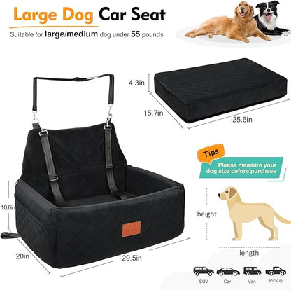 Dog Car Seat for Large Medium Dogs,Portable Washable Pet Car Seat Under 55 lbs,Dog Booster Seat with Thick Cushion,2 Safety Leashes Travel Car Dog Bed