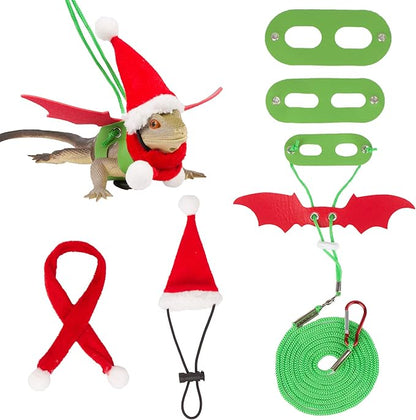 ADOGGYGO Christmas Bearded Dragon Santa Hat Scarf Lizard Leash Harness Set - Lizard Xmas Costume Scarf and Hat + 3 Pack Bearded Dragon Harness Leash for Reptile