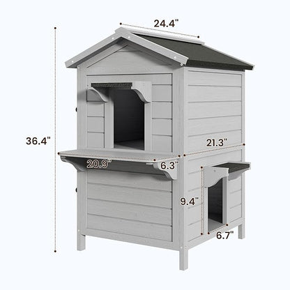 Outdoor Cat House Wooden Shelter: Large Weatherproof Pet Enclosure for Indoor or Feral Cats, 2-Tier Cat House for Outside Cats