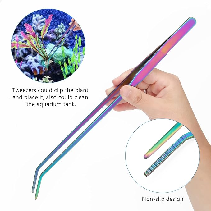 Aquarium Aquascape Tools Kit 15 in, 4in1 Anti-Rust Aquatic Plant Aquascaping Tool Stainless Steel Silver Tweezer Scissors Spatula for Aquarium Tank Clean (15in, Colorful)