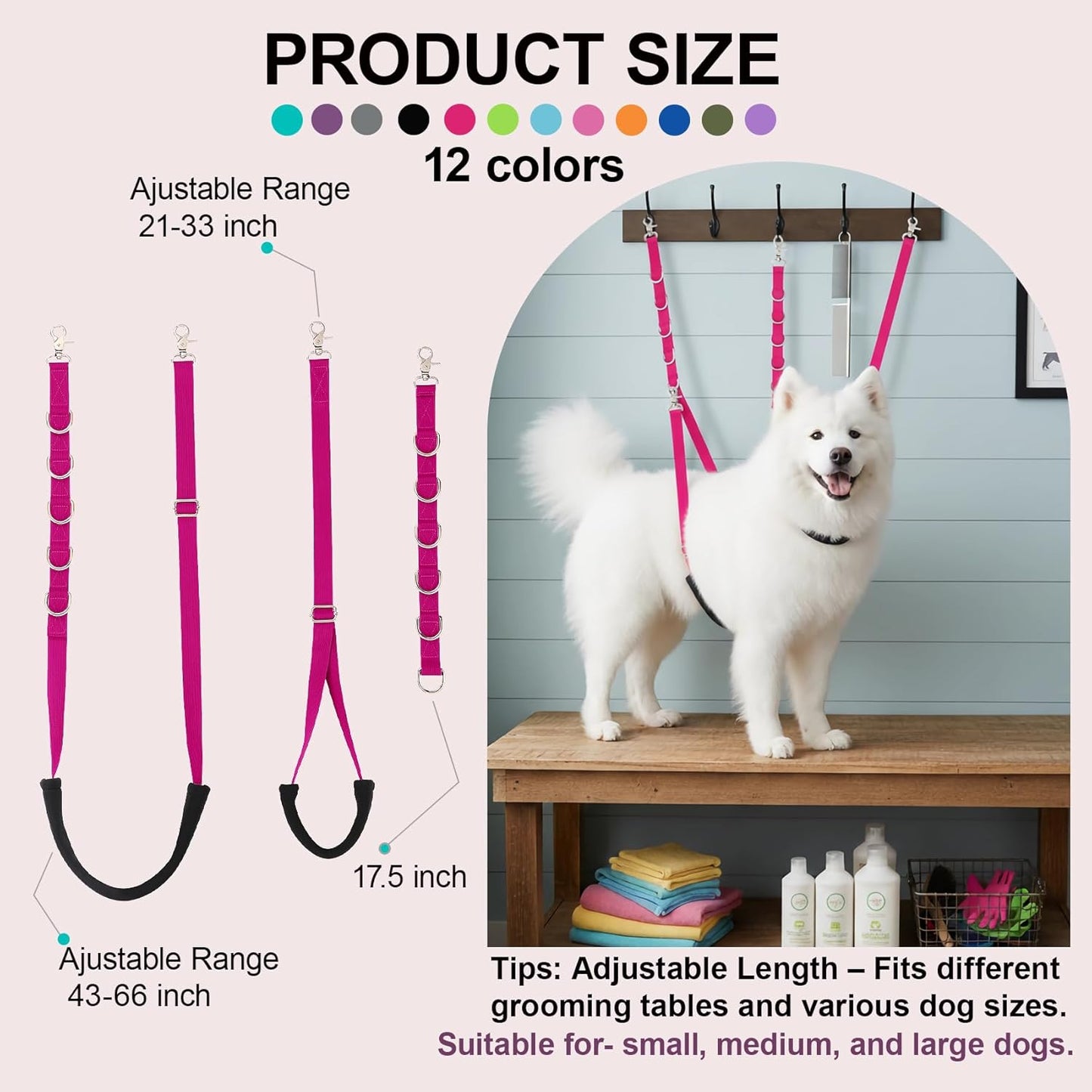 Dog Grooming Belly Straps Hot Pink Pet Grooming Supplies 3 Sets Professional Dogs Belly Band Pets Dogs Groomer Extension Strap Table Arm Loop Extender for Small Medium Large Pets (Hot Pink)