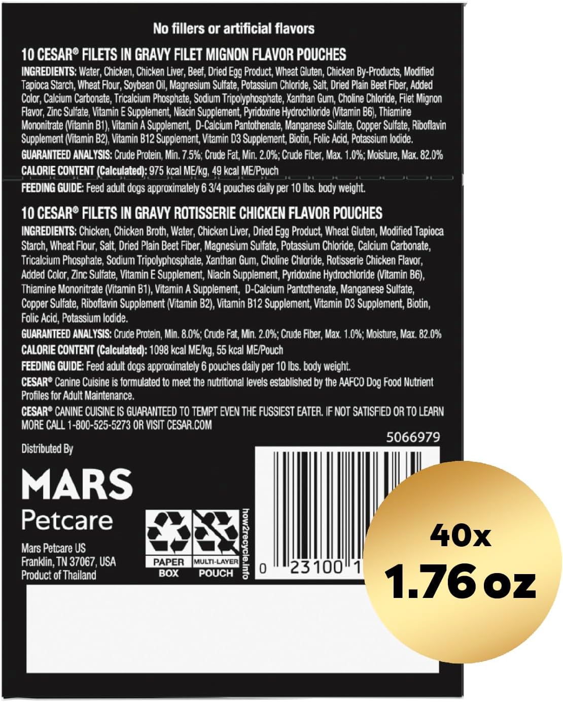 Cesar Filets in Gravy Wet Dog Food Filet Mignon Flavor and Rotisserie Chicken Flavor Variety Pack, 1.76 oz. Mini-Pouches (20 Count, Pack of 2)