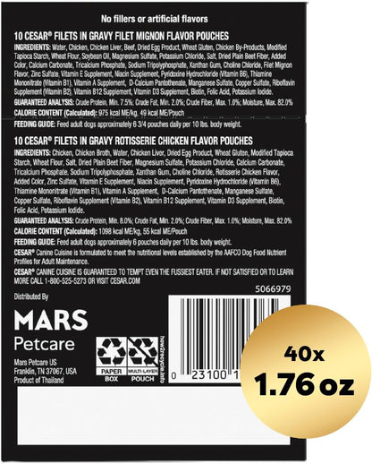 Cesar Filets in Gravy Wet Dog Food Filet Mignon Flavor and Rotisserie Chicken Flavor Variety Pack, 1.76 oz. Mini-Pouches (20 Count, Pack of 2)