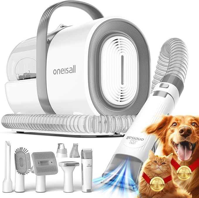 oneisall Dog Grooming Vacuum, Pet Grooming Vacuum with Clipper Nail Grinder, 1.5L Dust Cup Dog deshedding Vacuum Brush with 7 Pet Grooming Tools for Shedding Pet Hair, Home Cleaning（Grey）