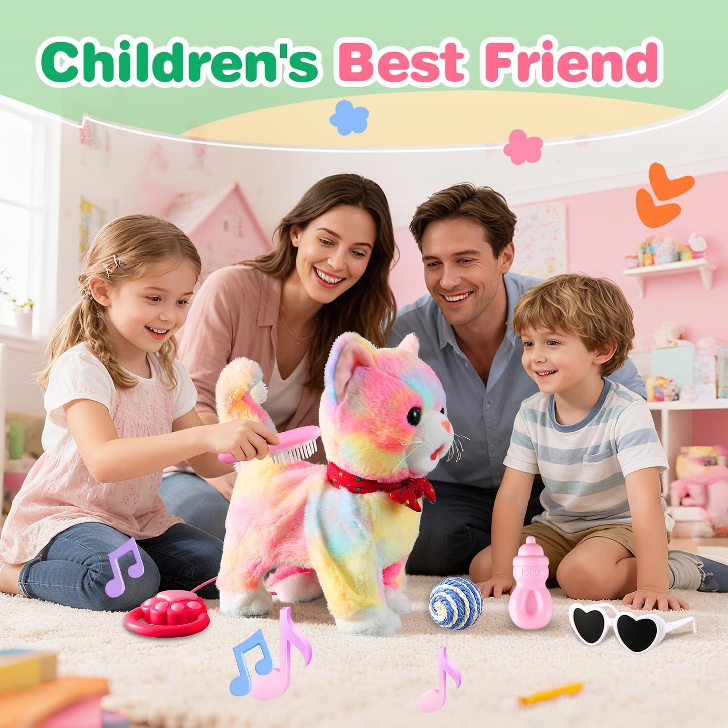 Colorful Leash Walking Cat Set Toy Interactive Talking Cat Singing Dancing Kitten Mimicking Repeat What You Say Kitty Touch and Voice Control Nodding Wagging Tail Plush Electric Robot for Kid Girl