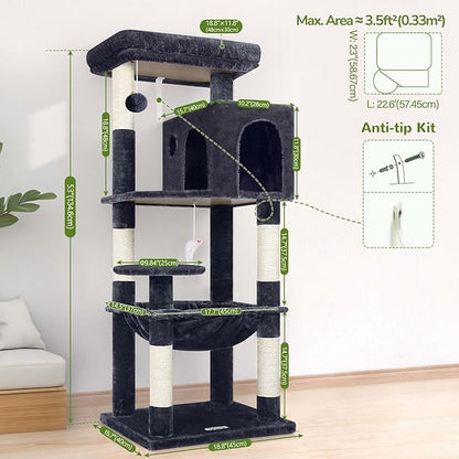 Globlazer Cat Tree Tower with Scratching Post for Indoor Cats, 53inch Tall Plush Multi-Level Cat Climbing Tower Condo House with Large Hammock, Spacious Cat Condo, Big Padded Top Perch, F53, Dark Gray