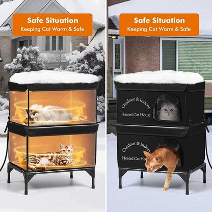 2 Story Heated Cat House for Outside, 100% Waterproof, Safe Escape Door, Elevated Base, Weatherproof Insulated Shelter for Stray Feral Barn Cat