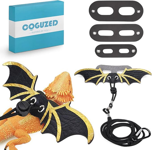 CoguZed Bearded Dragon Leash and Harness Set, Adjustable Lizard Harness, Soft Leather Reptile Costume, Cool Dragon Wing Outfits for Bearded Dragon Lizards(S,M,L, 3 Pack)