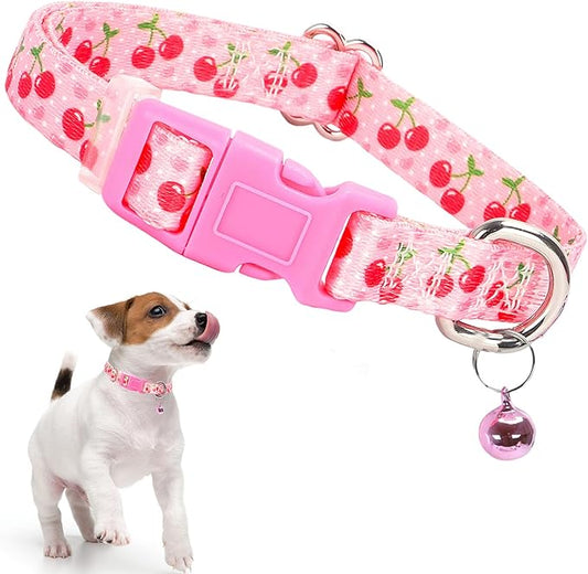 Cute Small Dog Collar with Bell,Pink Cherry Puppy Collar Tiny Cat Collars with Bells for XS Small Pet boy and Girl Dogs Kitten Little Animal,Small