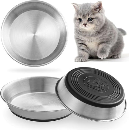 Stainless Steel Cat Bowls,Whisker Friendly Shallow Cat Dishes for Food and Water,Non-Slip Silicone Bottom,Heavy Duty,Replacement Kitten Metal Plate for Elevated Stands,3 Pack