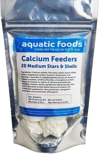 Aquatic Foods Inc. Medium Size Calcium Feeder Stars & Shells for Shrimp, Snails, Crabs, Crayfish, Hermit Crabs and All Tropical Fish…20 Count Bag