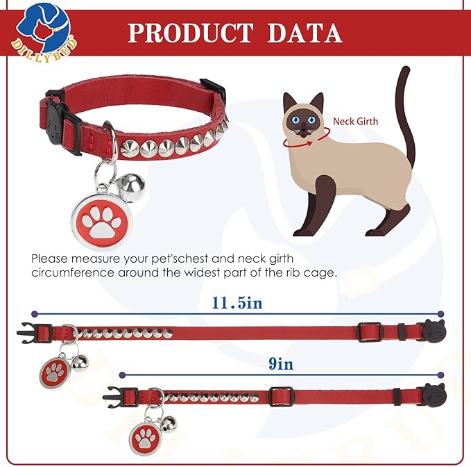 Leather Personalized Breakaway Cat Collar with Studded Bell and Safety Quick Release Buckle - Rivets Studded ID DIY Collars for Boy Girl Cats Kittens, 9" - 11.5" Red