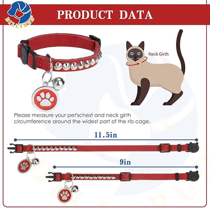 Leather Personalized Breakaway Cat Collar with Studded Bell and Safety Quick Release Buckle - Rivets Studded ID DIY Collars for Boy Girl Cats Kittens, 9" - 11.5" Red