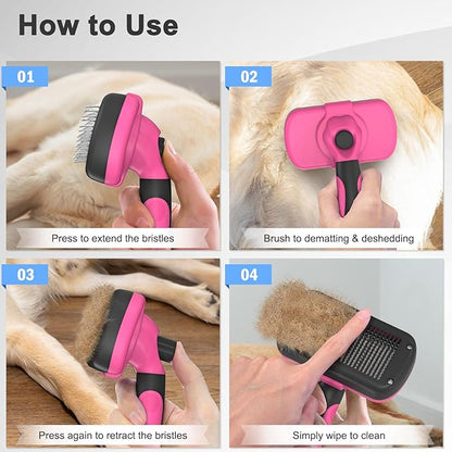 Self-Cleaning Pet Grooming Brush - Skin-Friendly Deshedding Tool for Dogs & Cats in Pink, Removes Loose Hair and Tangles
