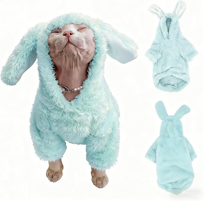 Stretchy Fuzzy 2-Leg Cat Hoodie Pajamas for Sphynx,Soft Fluffy Loungewear with Bunny Ears, Cozy Home Clothes for Hairless Cats, Winter Warm Outfit Sweater (Blue, XXL (11-14 lbs))
